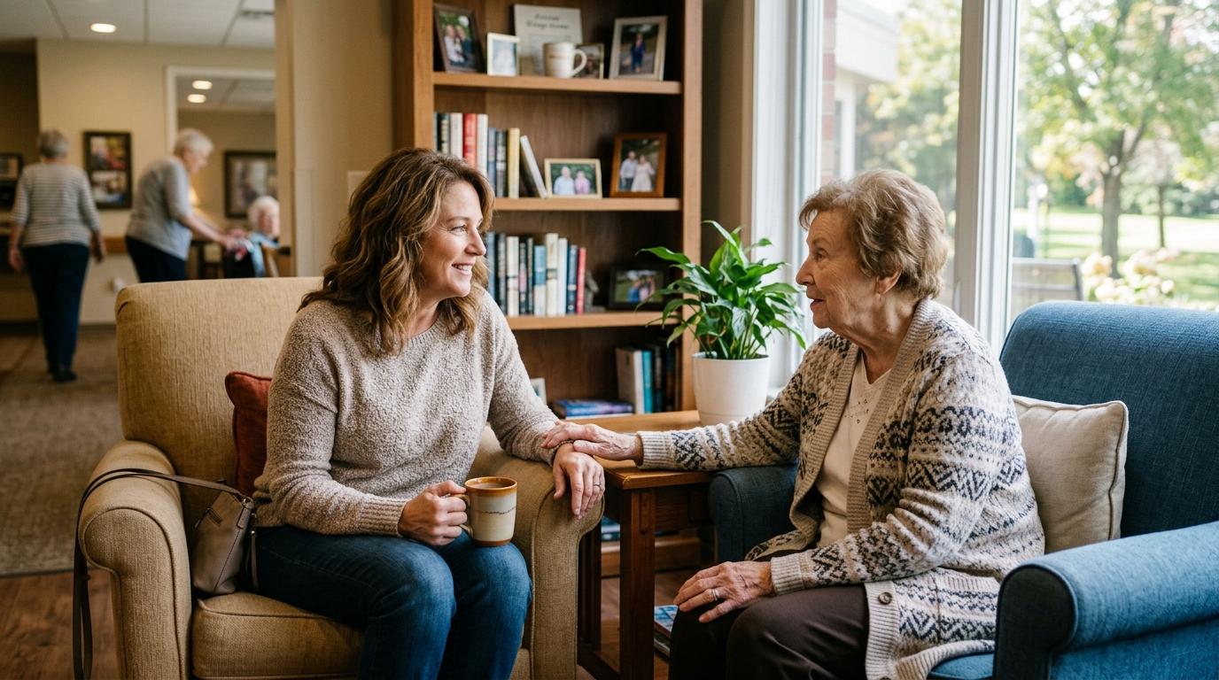An older adult explores a senior living community during a visit with a staff member in Coon Rapids.