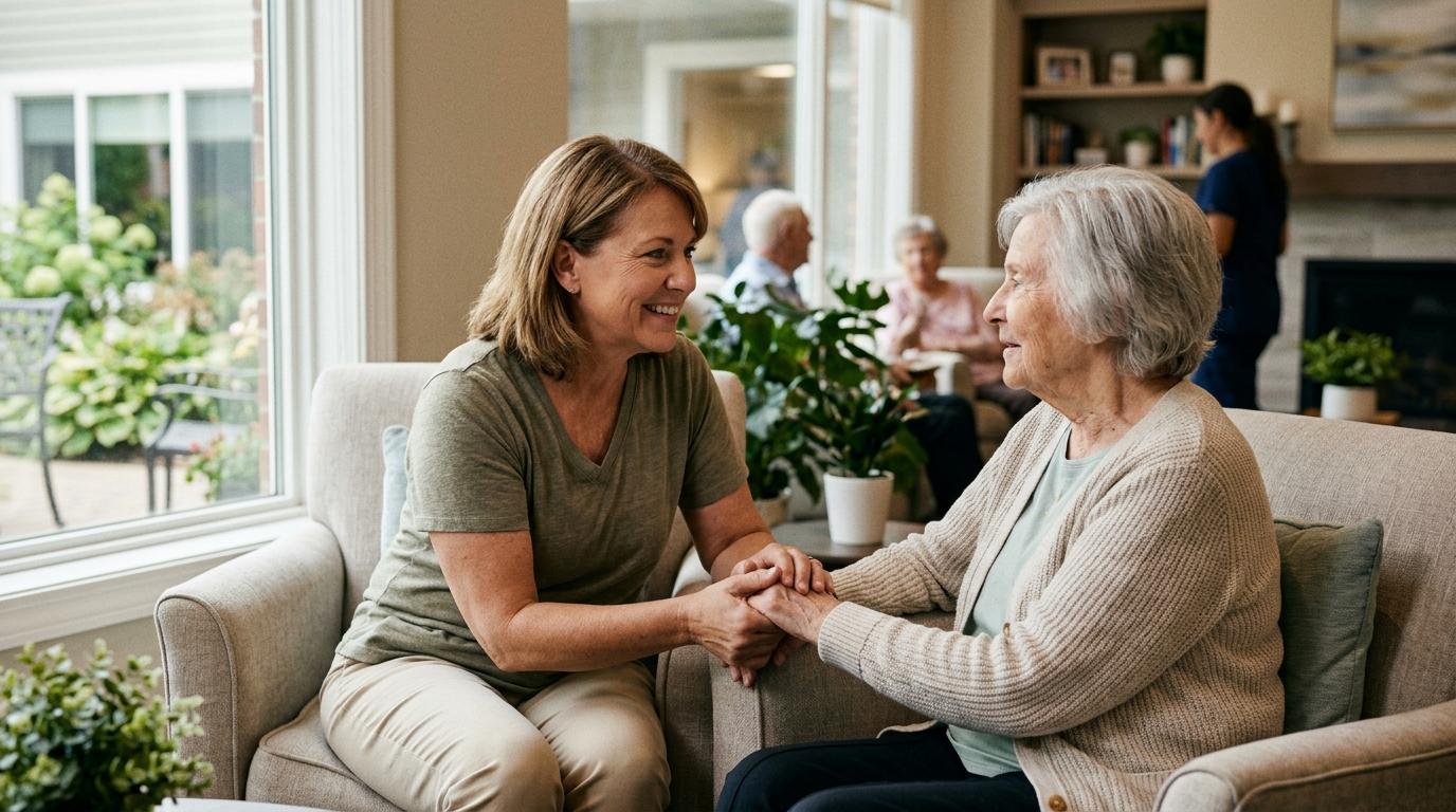 A caregiver and older adult sitting together, sharing a calm and connected moment at a senior living community.