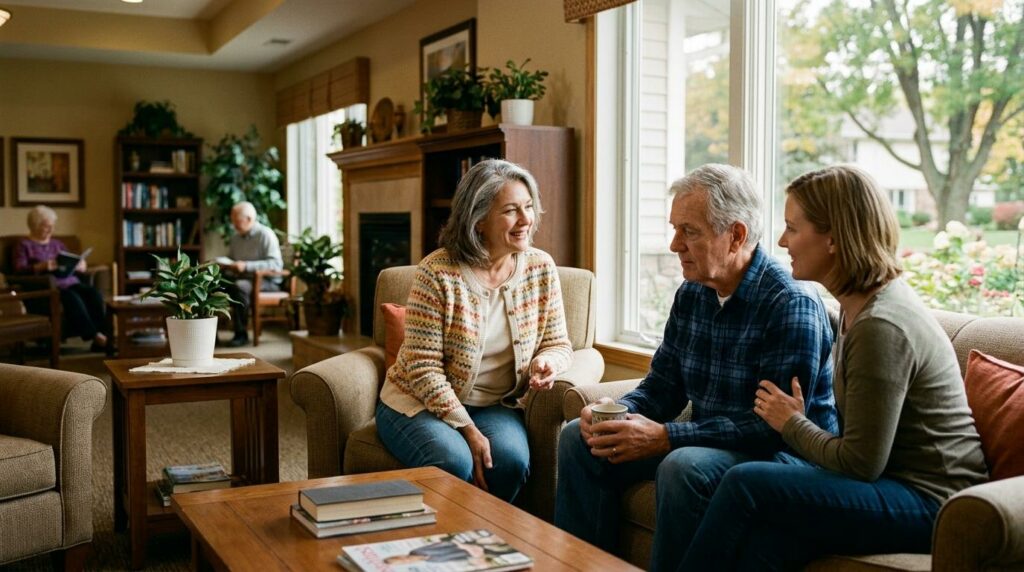 An older adult and a younger adult have a supportive conversation about senior living care options.