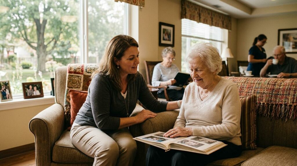 A compassionate caregiver speaking gently with an older adult, reflecting mindful communication in dementia care.