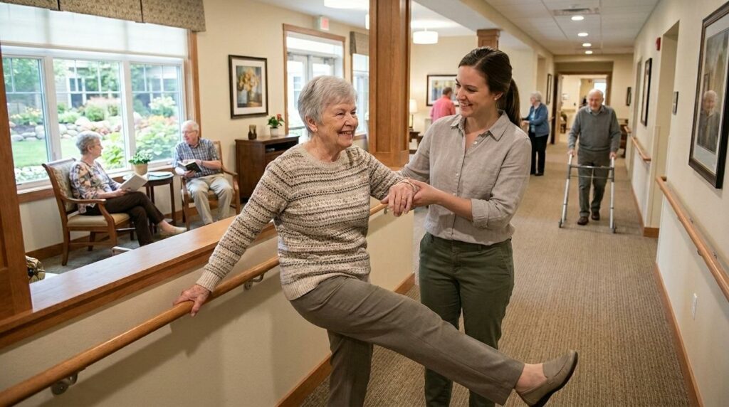 An assisted living caregiver helps an older adult walk safely down a hallway, supporting fall prevention at Boden Senior Living.