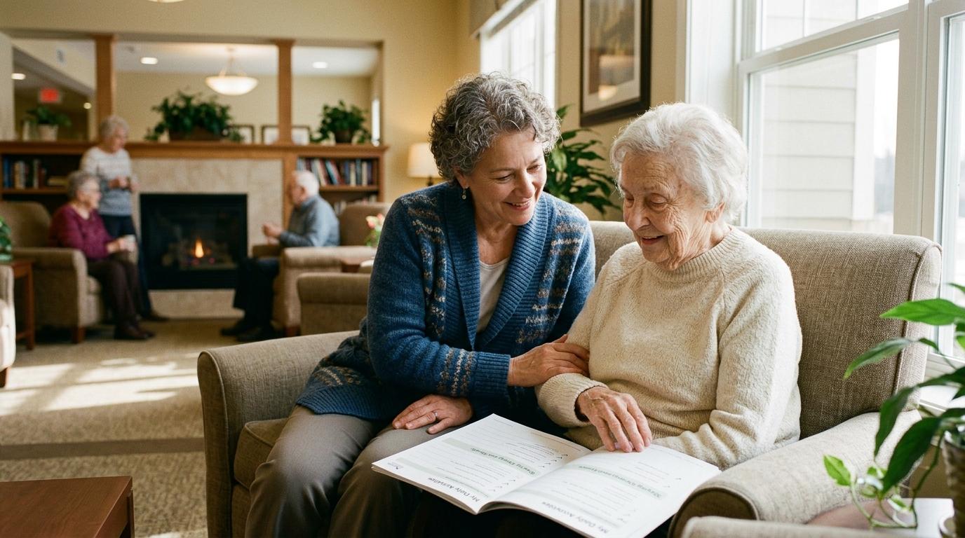 A senior living caregiver reviews a personalized fall risk care plan with an older adult in a warm, comfortable setting.