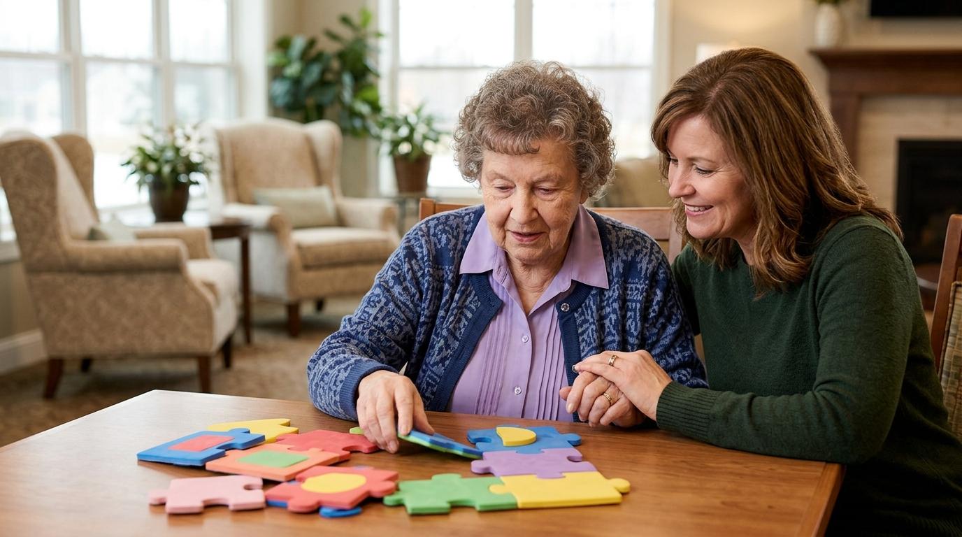 An adult watches an older family member put together puzzle pieces on a table as they lean on each other in a spacious room.