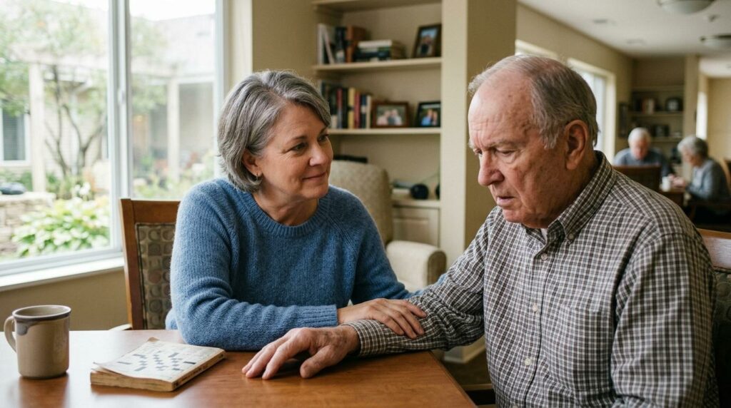 Two seniors sit before a wooden table. One of them consoles the other about worries of cognitive conditions like dementia.