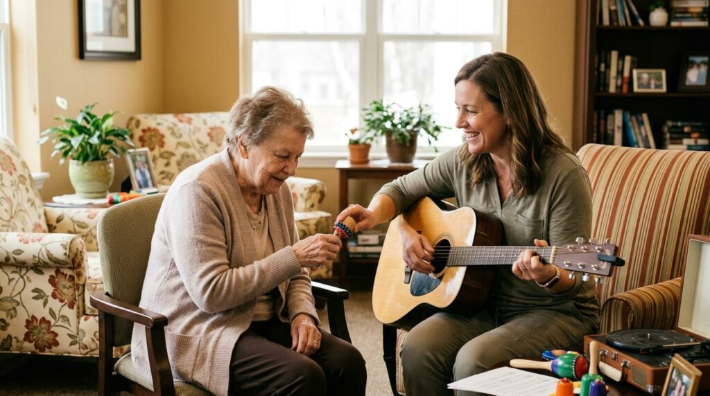 Older adult enjoying a music therapy session, smiling peacefully while listening to live guitar music in a warm, welcoming senior living space.