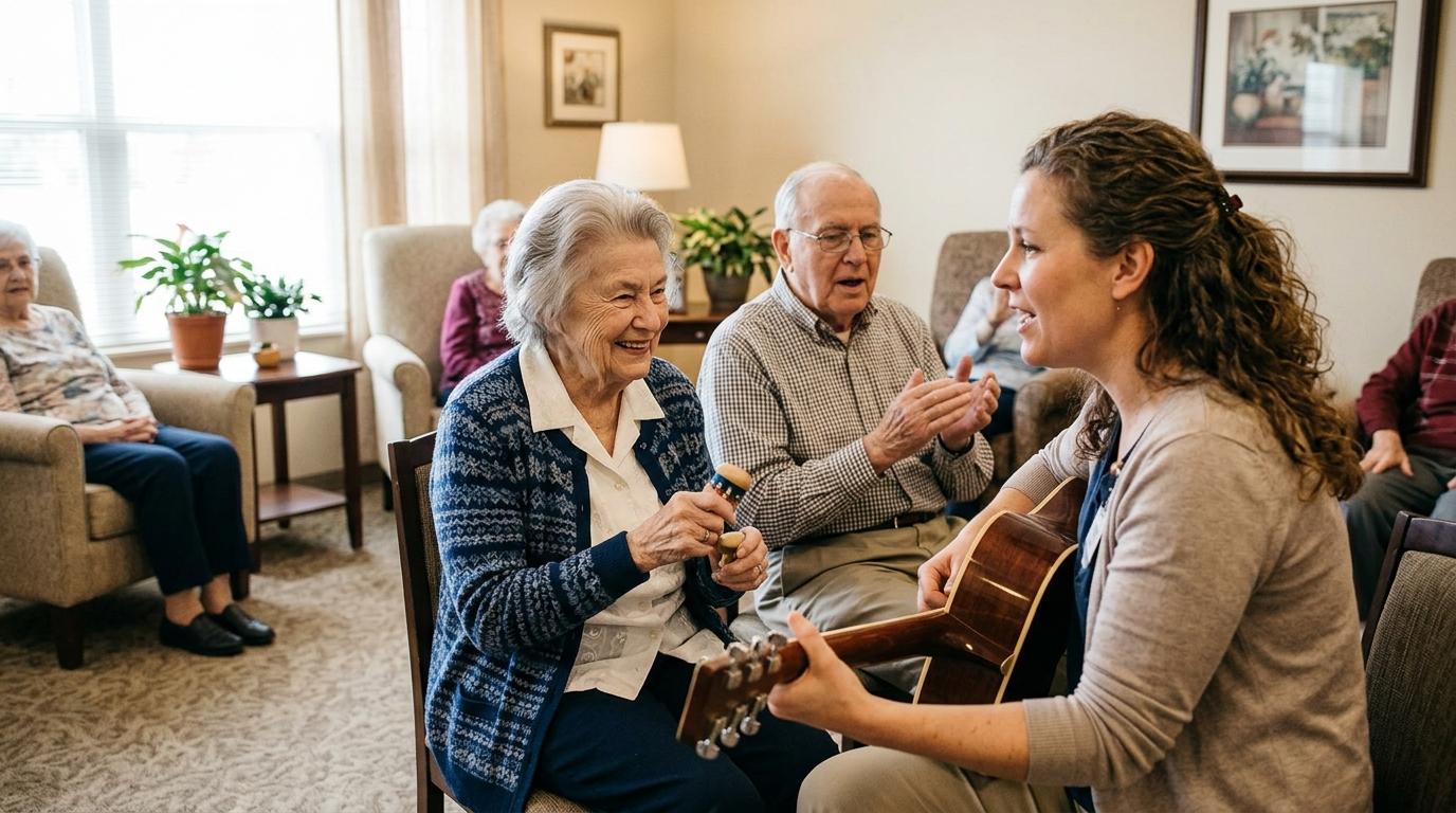 Older adult enjoying music therapy session in a memory care setting, surrounded by calming, home-like surroundings.