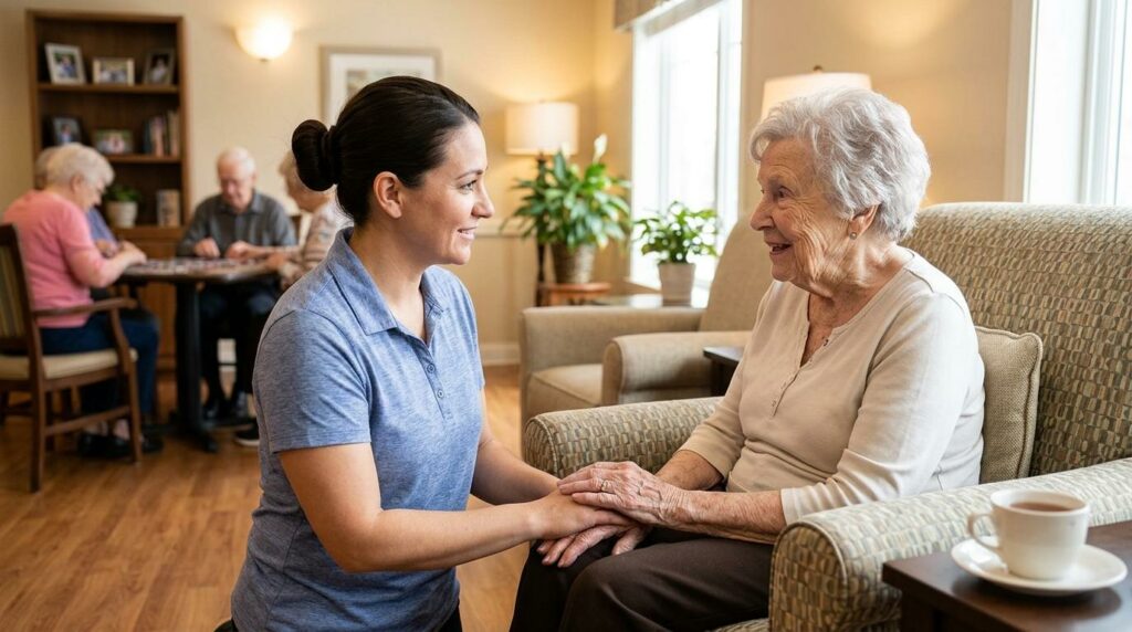 A smiling caregiver in a bright, welcoming assisted living common area chats with a senior about their comfort and personalized memory care support.